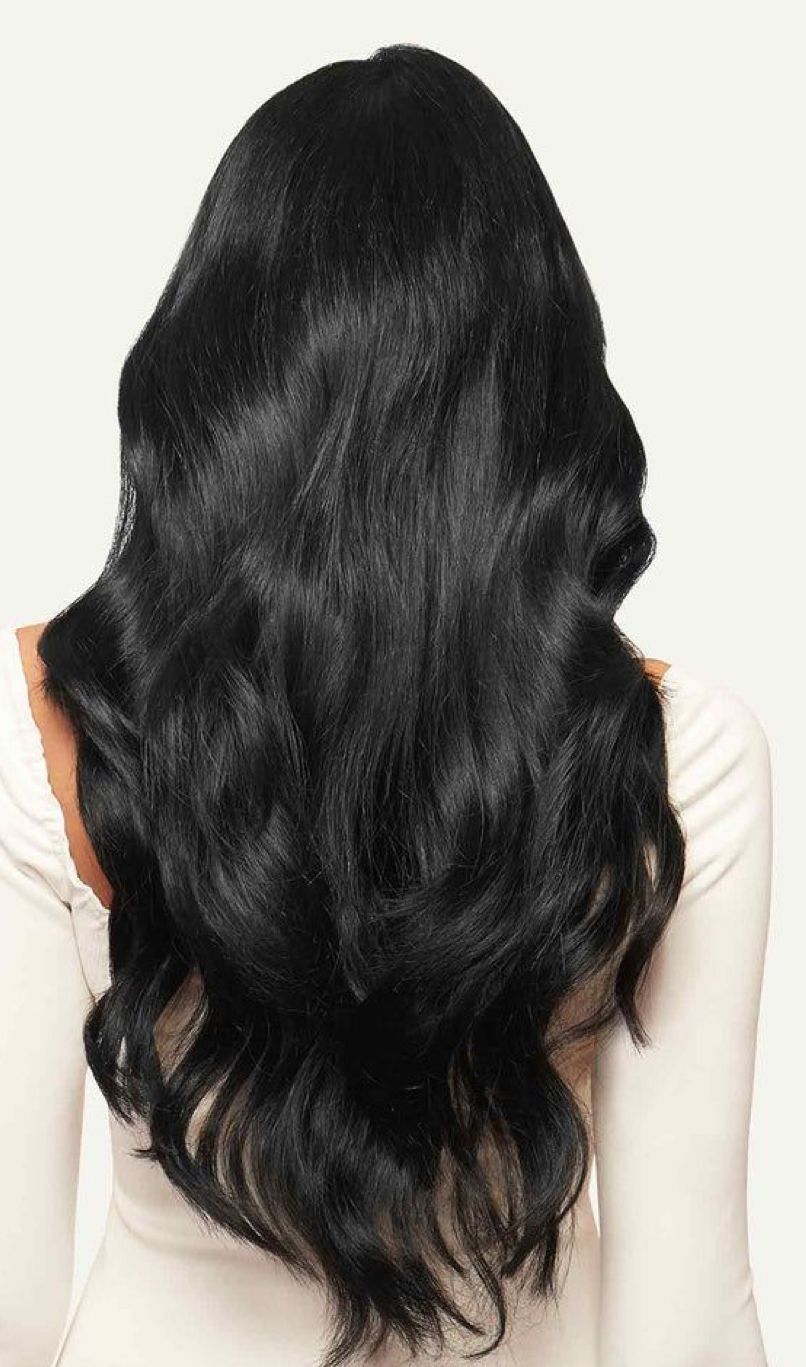 Client hair finished with glossy black waves